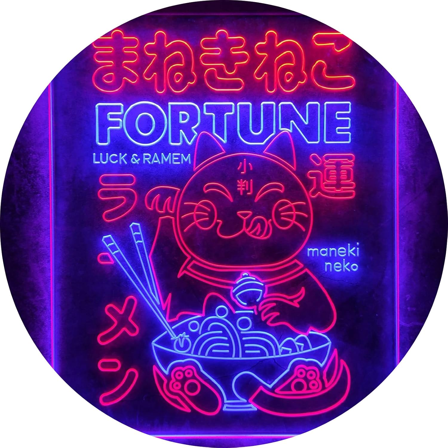 Maneki Neko Ramen Neon Sign, Handmade Lucky Cat LED Light for Home Wall Decor, Japanese Anime Dual Color Signs Outdoor 12"x16"(Red & Blue)