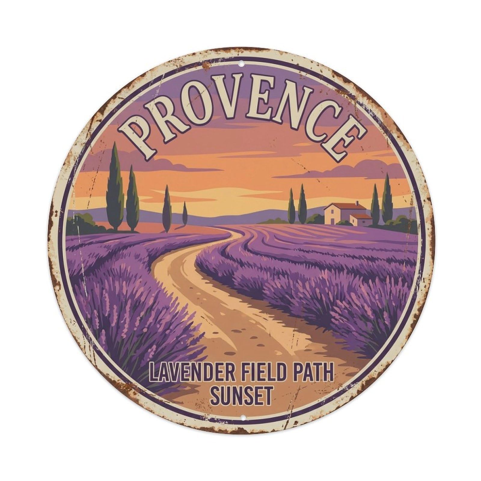 French Provence Lavender Field Path Sunset Travel Metal Tin Sign