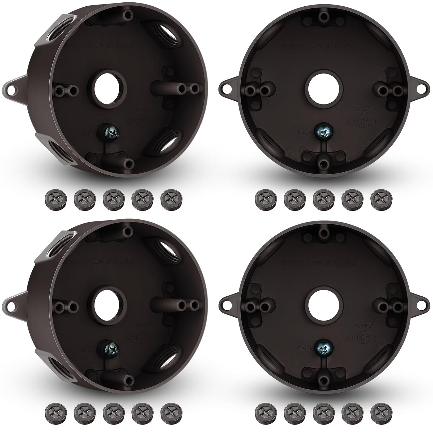 Juexica 4 Pcs 4 Inch Round Electrical Box 1/2 Inch 5 Holes Weatherproof Outlet Junction Ceiling Fan Box for Outdoor Lighting Systems, UL Listed(White)