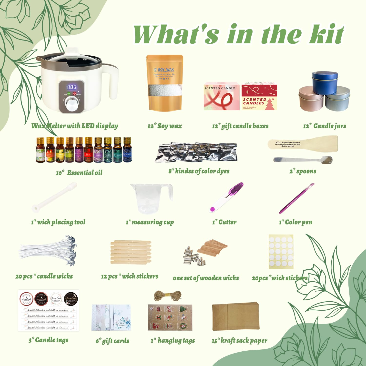 LINGQIAN Kit para hacer velas (hazlo tú mismo), cera de soja, crisol eléctrico con pico, 12 latas para velas, 12 aceites aromáticos