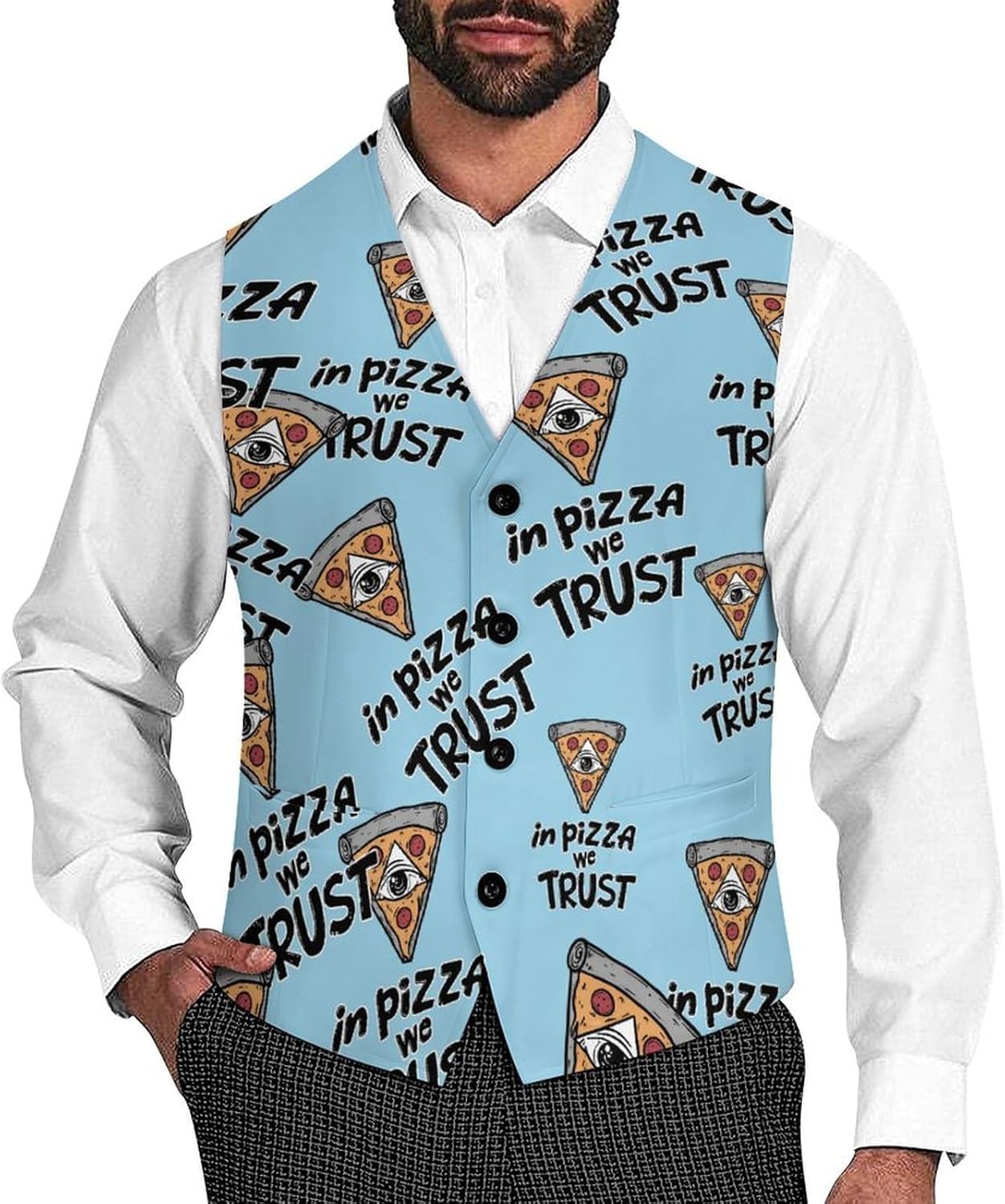 Illuminati In Pizza We Trust Men's Formal Suit Vest Slim Waistcoat for Business Tuxedo Dress
