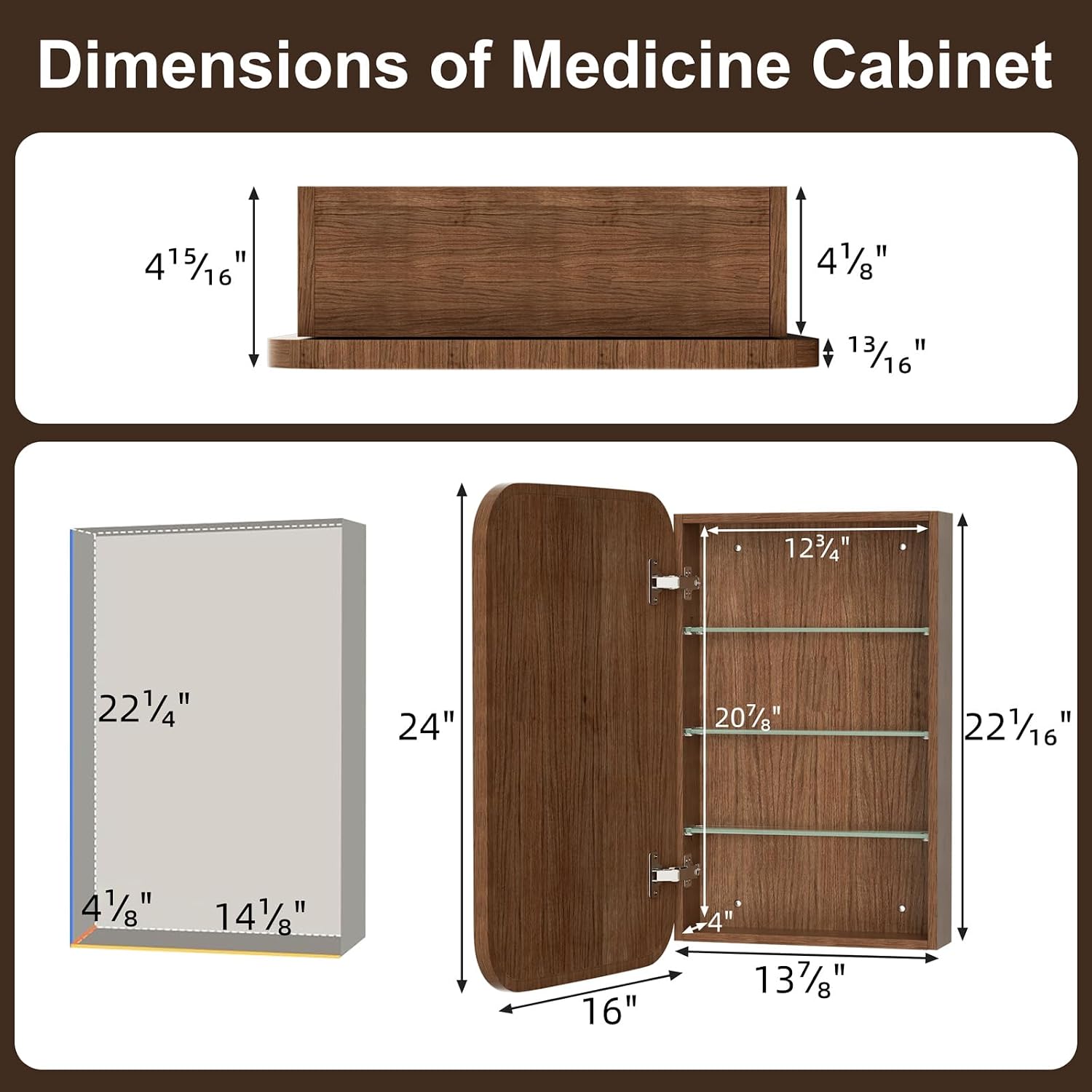 16x24 Inch Wood Medicine Cabinet with Mirror for Bathroom, Walnut