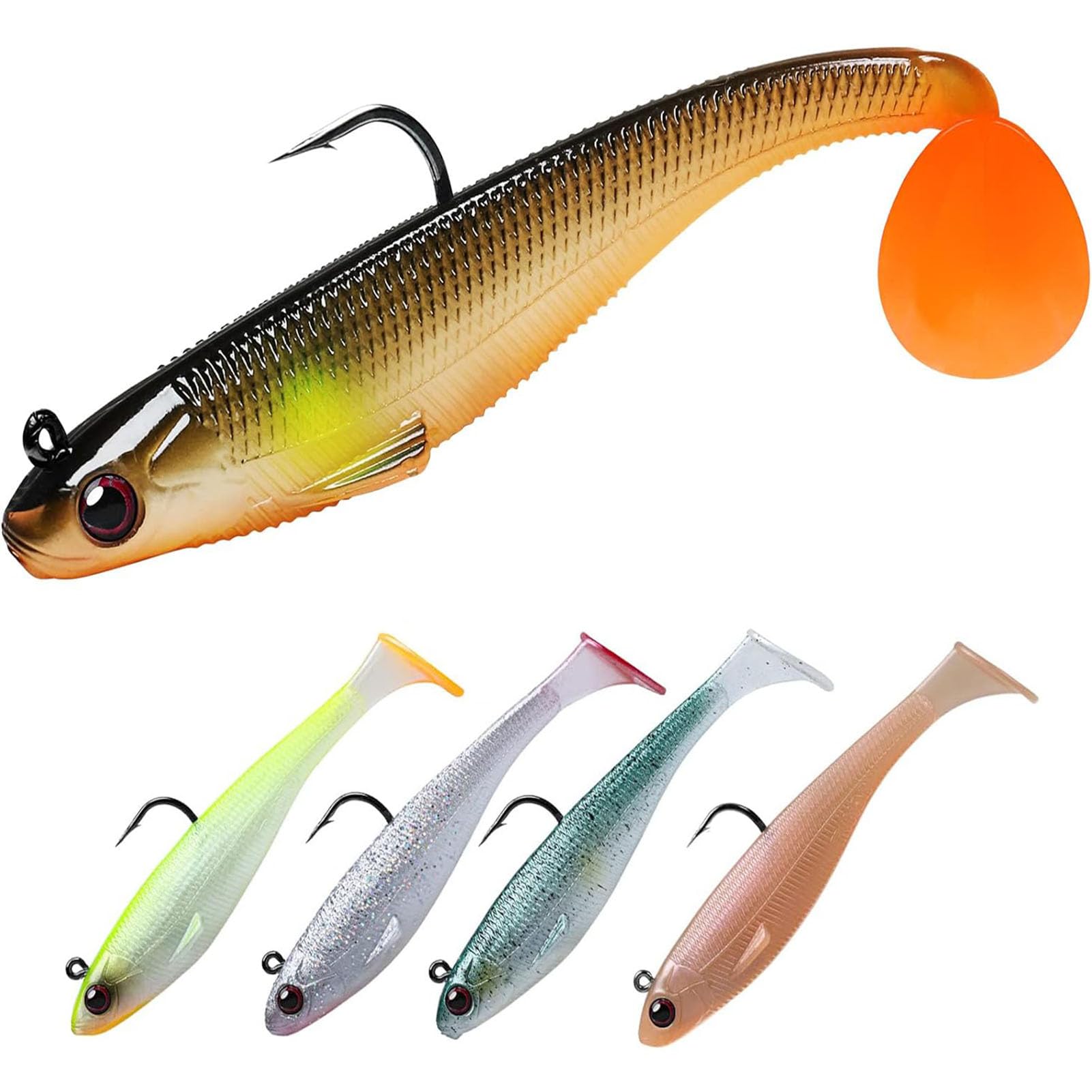 UnifaceFishing Lures,5 Pcs Paddle Tail Swimbaits for Bass Fishing, Shad or Tadpole Lure with Spinner,Soft Fishing Bait for Freshwater Saltwater,Trout Crappie Fishing Gear