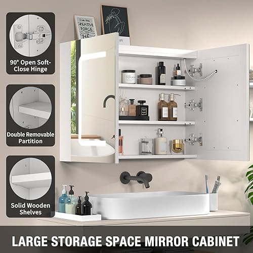 Miniatura 3 de Espejo de baño con almacenamiento, botiquín de baño con espejo de montaje en pared, espejo LED, botiquín de medicina, 3 colores, atenuador infinito,