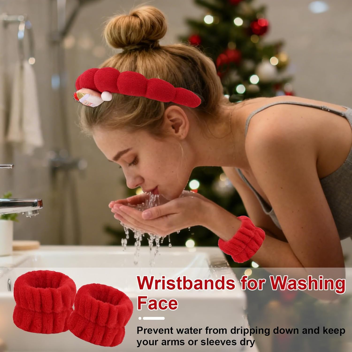 Wecoe Christmas Spa Headband & Wristband Set for Washing Face Red & White Facial Skincare Makeup Headband Puffy Sponge Bubble Head Band Hair Band Women Girls Accessories Gifts - Image 2