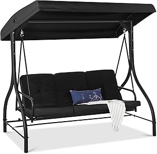 Best Choice Products 3-Seat Outdoor Large Converting Canopy Swing Glider, Patio Hammock Lounge Chair for Porch, Backyard w/Flatbed, Adjustable Shade, Removable Cushions - Black