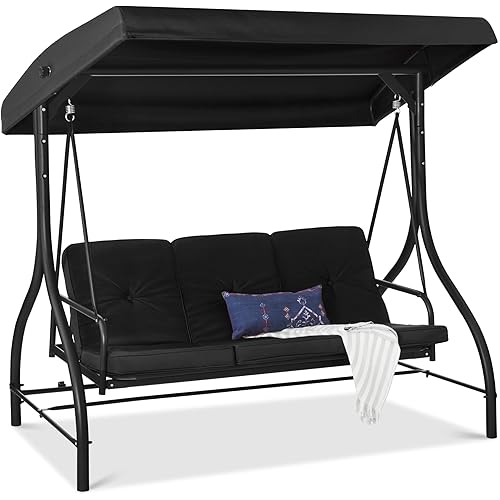 Best Choice Products 3-Seat Outdoor Large Converting Canopy Swing Glider, Patio Hammock Lounge Chair for Porch, Backyard w/Flatbed, Adjustable Shade, Removable Cushions - Black