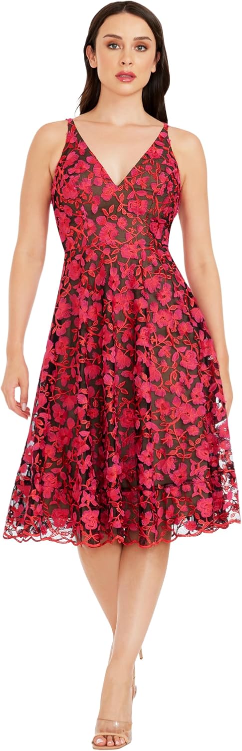 Dress the Population Women's Elisa Sleeveless Plunge Neckline Fit and Flare Midi Dress