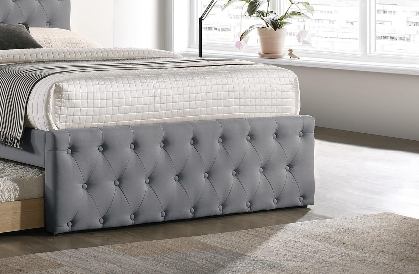 Contemporary Twin Size Bed w, Trundle Slats Light Grey Burlap Upholstered Button Tufted Headboard Footboard Youth Bedroom Furniture Wooden Slats 1pc Bed