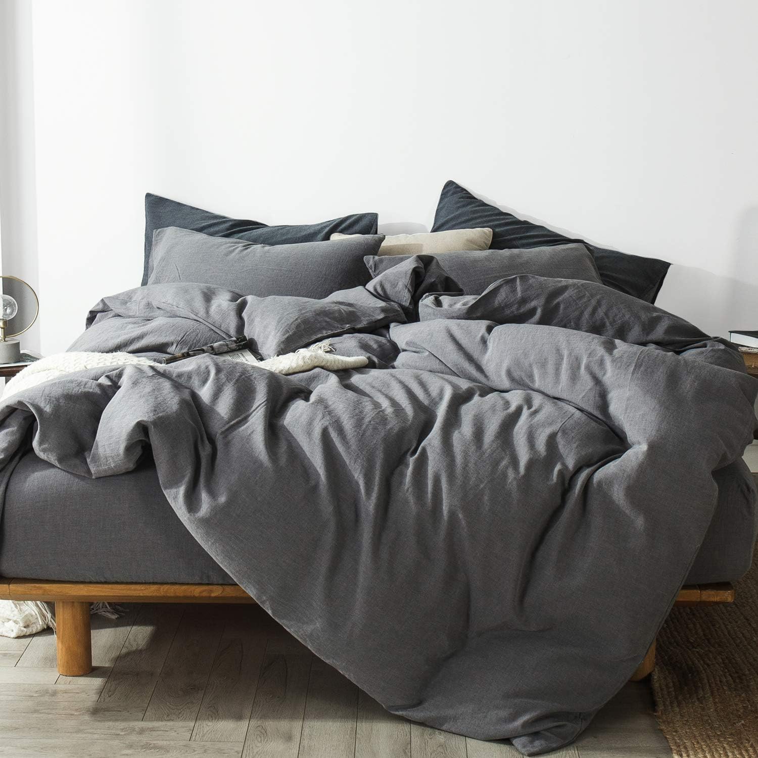 MooMee Pre-Washed Cotton Duvet Cover Set Super Soft Breathable Durable - Perfectly Casual Linen Look but Luxurious Feel (Heathered Grey, Queen)