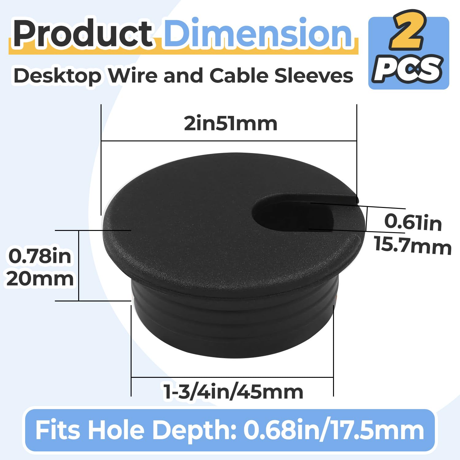 2 Pcs 3/4 Inch Desk Grommet, Black Plastic Cable Hole Cover image 2