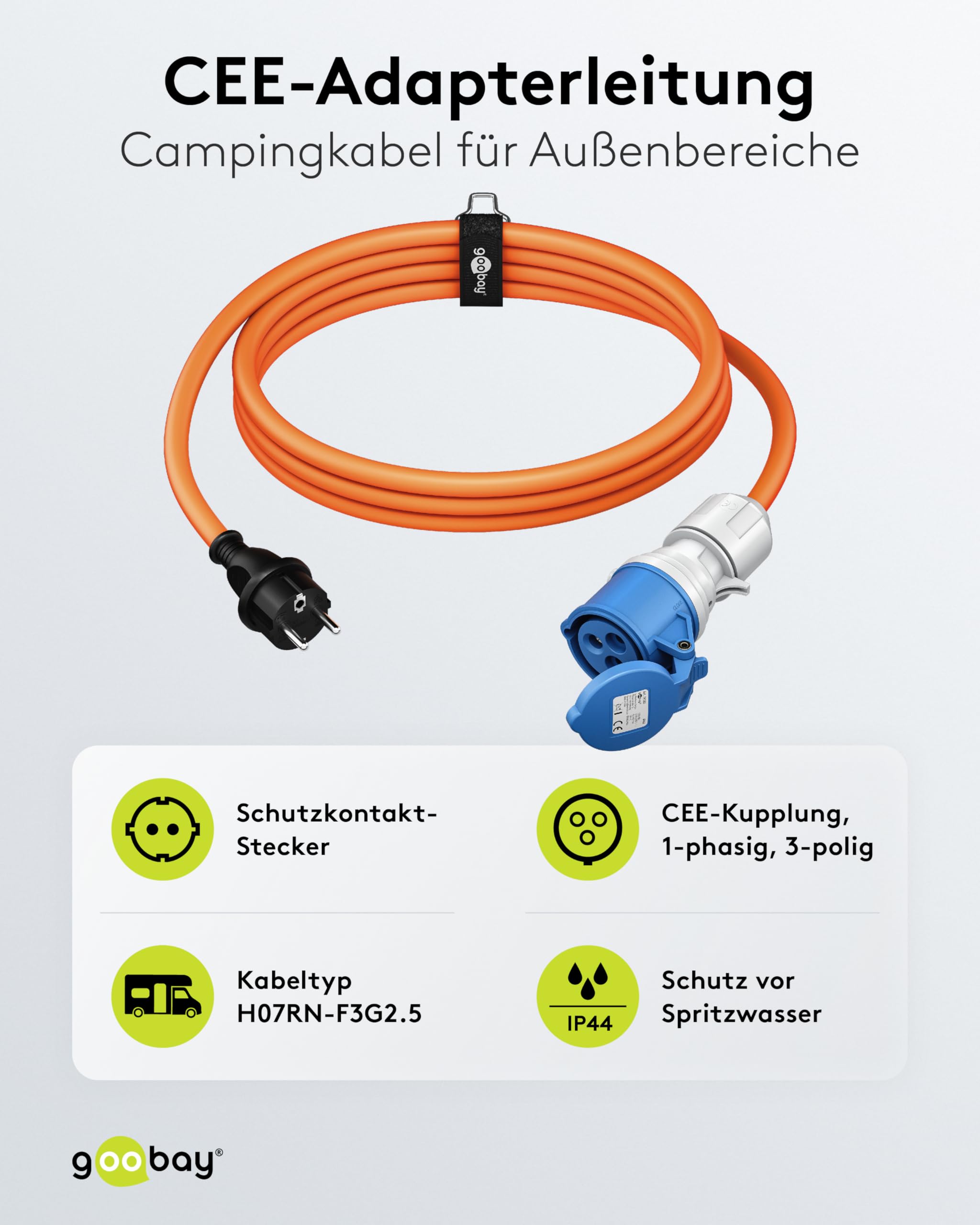 goobay CEE-Adapterkabel 5 m Schutzkontakt auf CEE-Buchse IP44 Camping Wohnwagen