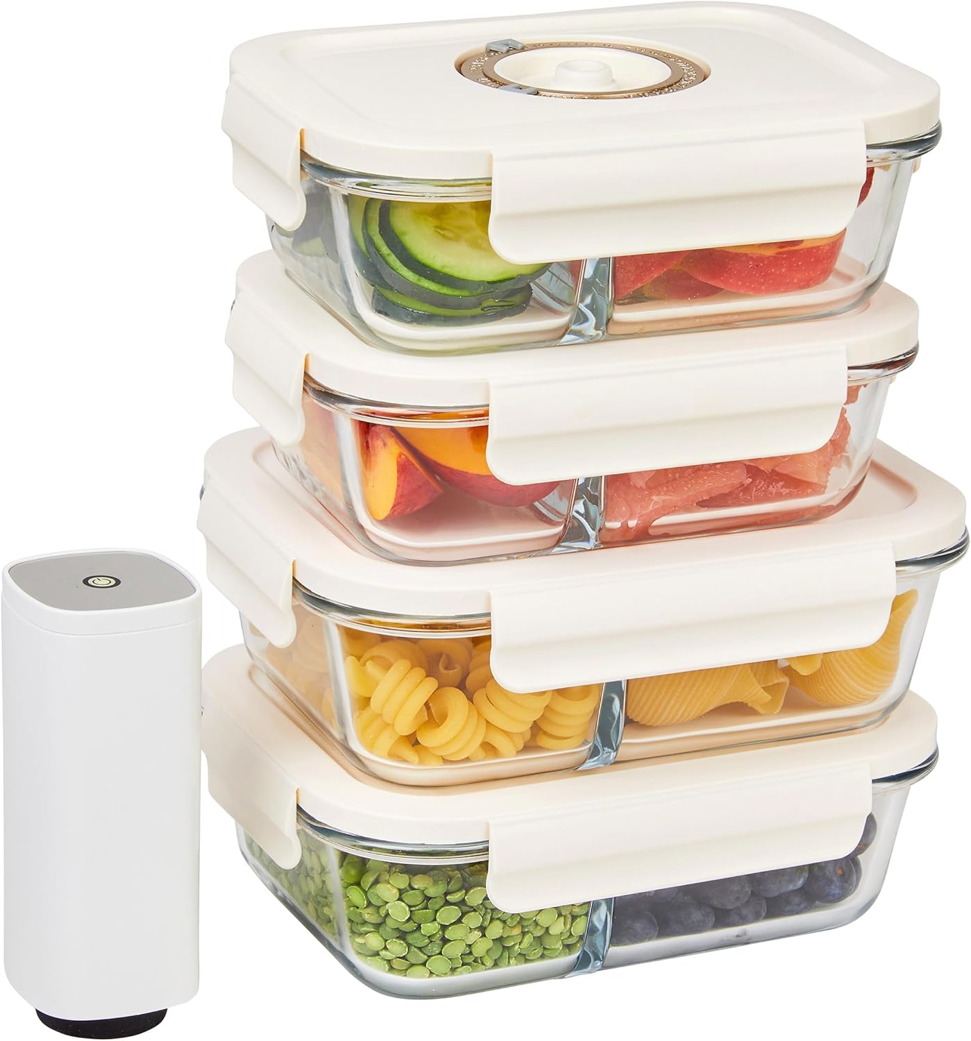 HOLDN STORAGE Vacuum Food Storage Containers, Set of 4 Compartment Containers plus an Electronic Vacuum Pump  Keep Food Fresh Longer, BPA-Free Glass, Leak-Proof, Ideal for Meal Prep, Marinating.