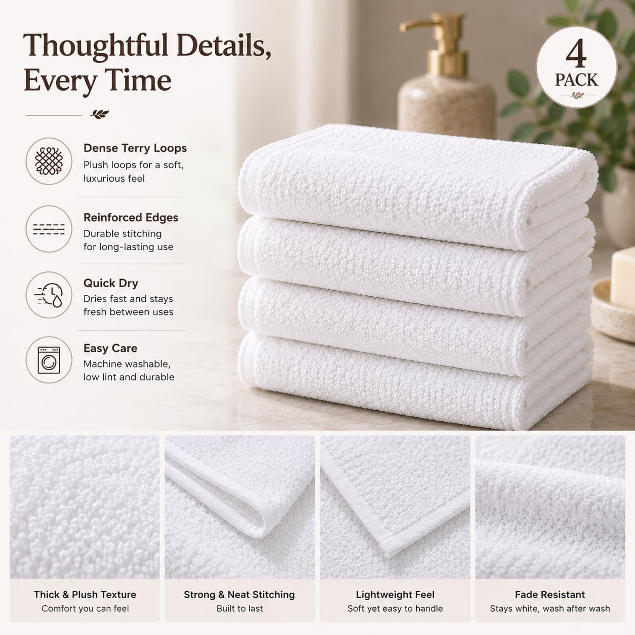 4 Pack 100% Cotton Wash Cloth, Luxurious Soft Washcloths for Showering (13x13 inch) Ultra Absorbent Face Towels Machine Washable Wash Clothes for Bathroom, Gym, and Spa (White)