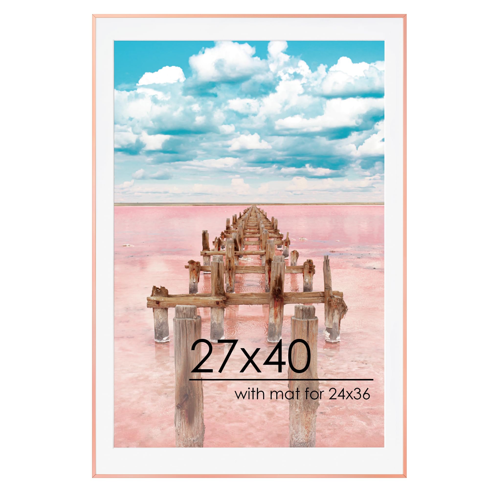 27x40 Metal Picture Frame for Wall with Mat for 24x36, 27''x40'' Aluminum Photo Frames With Tempered Glass for Home Decor, Minimalist Modern Poster Frame Horizontal and Vertical Formats, Rose Gold