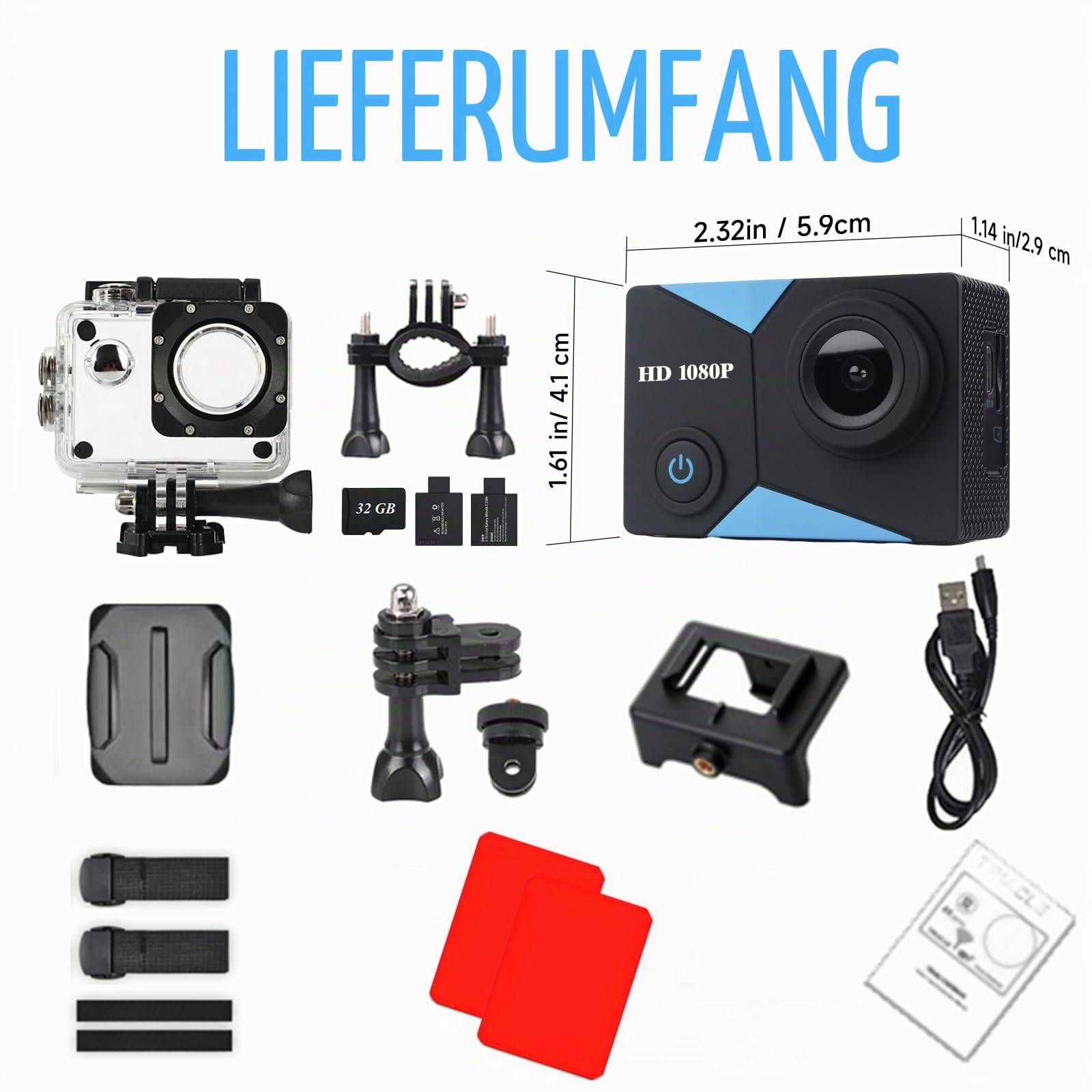 WiFi Action Cam FHD 1080P mit 32GB Speicherkarte, Actionkamera wasserdicht bis 30M, Action Camera mit 2x1050 mAh wiederaufladbare Akkus und Zubehor-Set