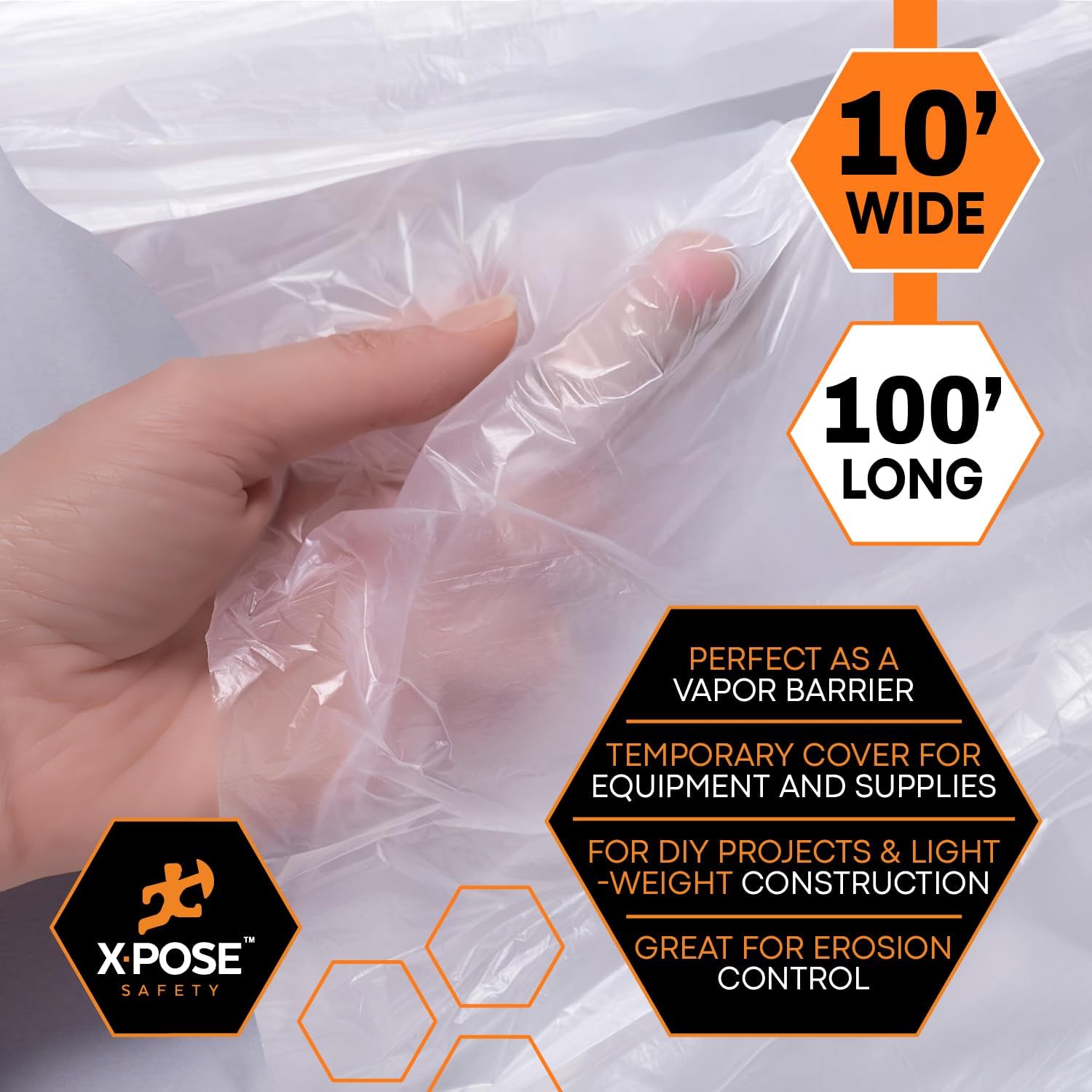 Xpose Safety Clear Plastic Sheeting – 10' x 100' Roll – Heavy Duty 3.4 Mil Poly Sheet – Waterproof, Dustproof, Vapor Barrier – for Construction, Painting, Industrial Use