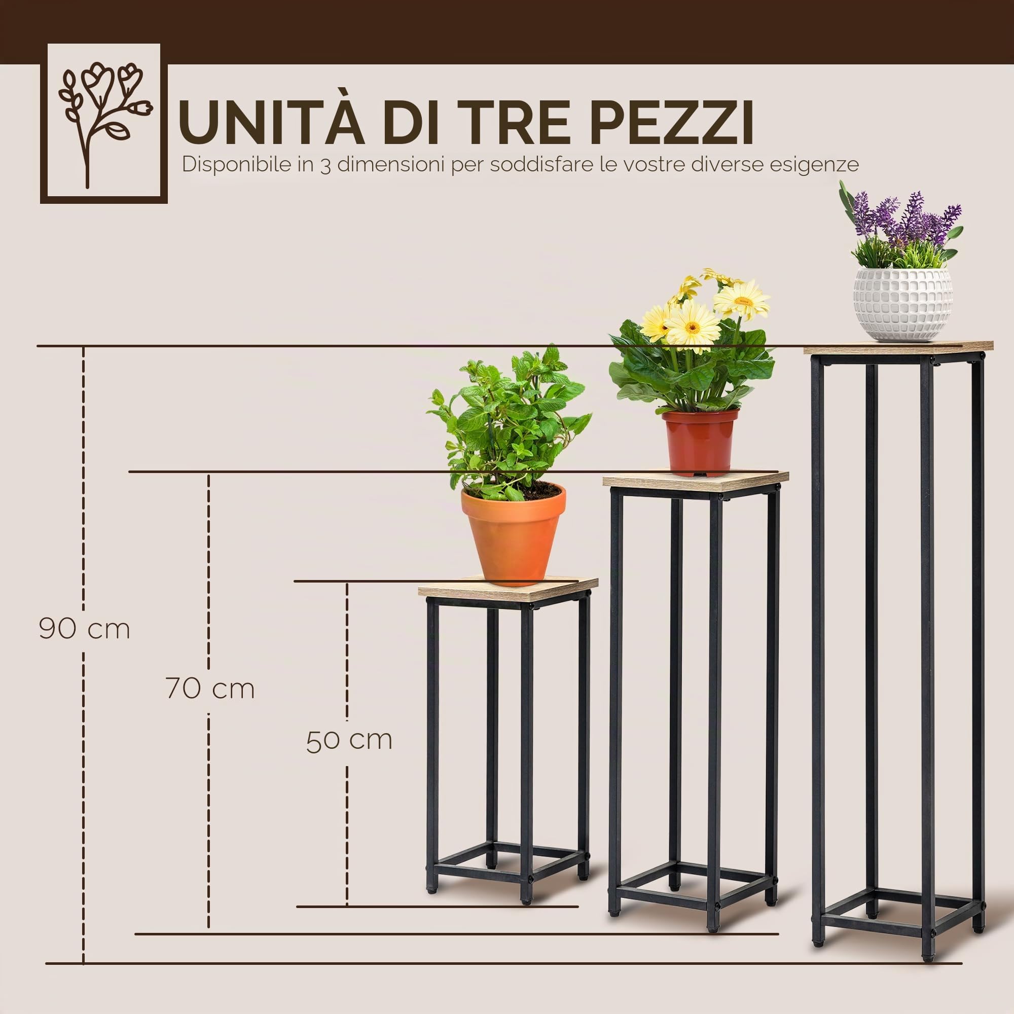 Outsunny Set di 3 tavolini espositivi per piante per interni/esterni