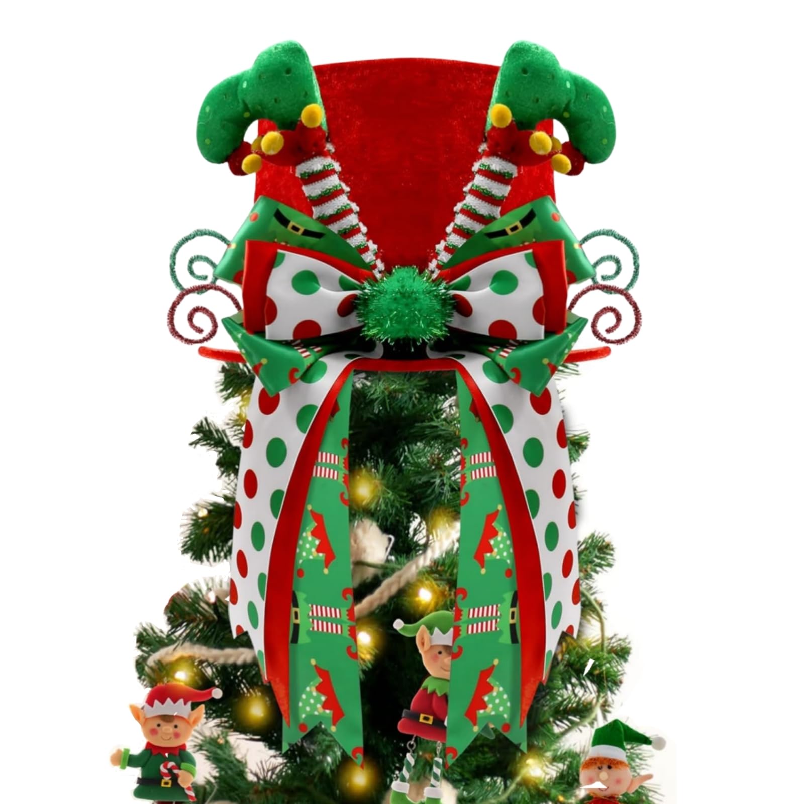 Christmas Elf Hat Tree Topper Red Hat with Handmade Bows Elf Leg Ornament Winter Holiday Santa Home Decoration Xmas Wreath Festive Gift Ideas Supplies