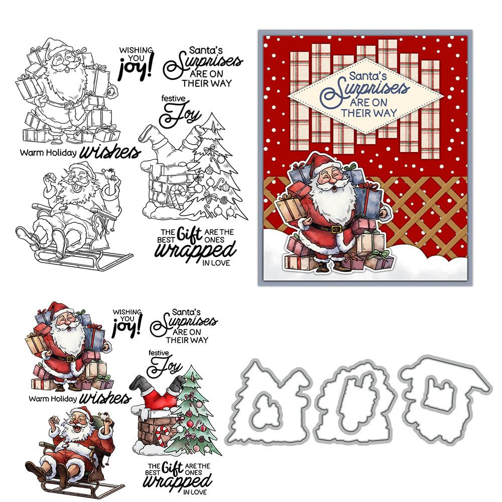 Santa Claus Stamps and Die Cuts for Card Making Christmas Sleigh Transparent Silicone Clear Stamp and Metal Cutting Dies Sets for DIY Scrapbooking Paper Crafting Seals Decorative Supplies