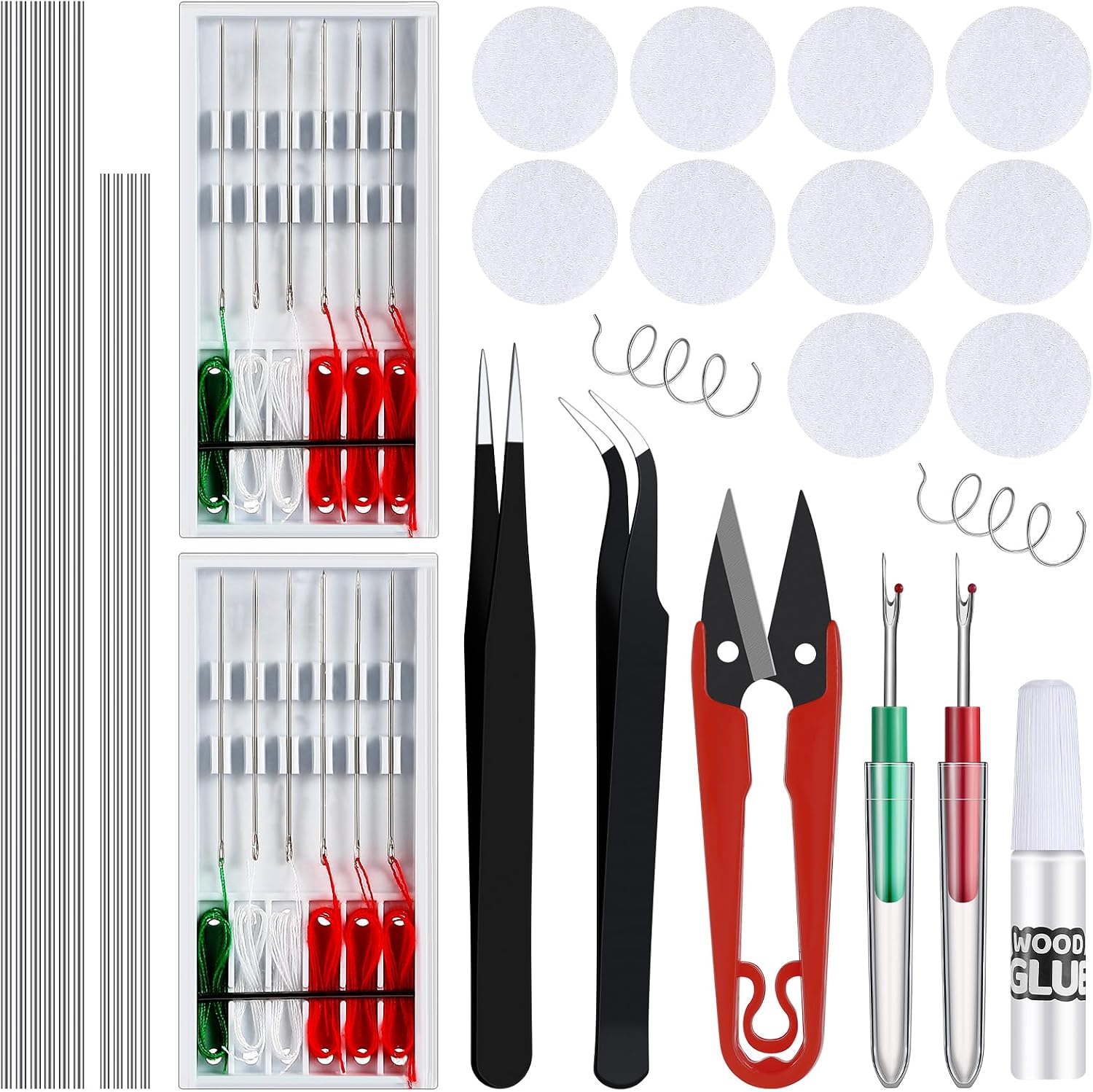 2 Sets Christmas Elf Upgrade Kit with Seam Ripper, Sewing Box Set, Glue Point Dots, Floral Stem Wire, Tweezers, DIY Glue, and U Shaped Scissors for Making Your Elf Flexible and Bendable Accessories