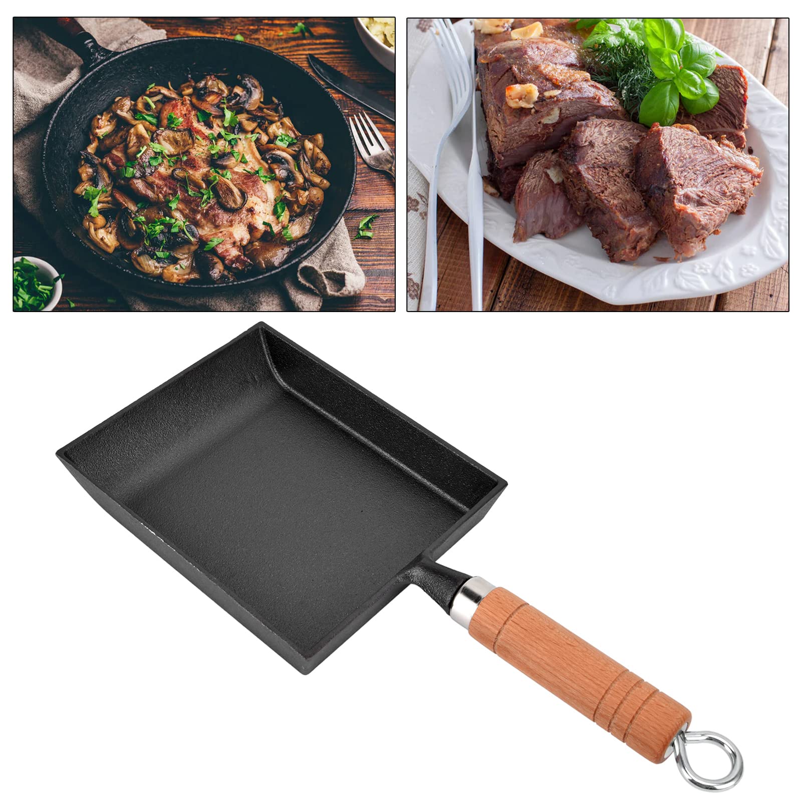 Gsycle 15.5cm Square Frying Pan, Thickened Cast Iron Pan Flat Bottomed Pancake Cookware with Wood Handle for Kitchen Indoor Cooking