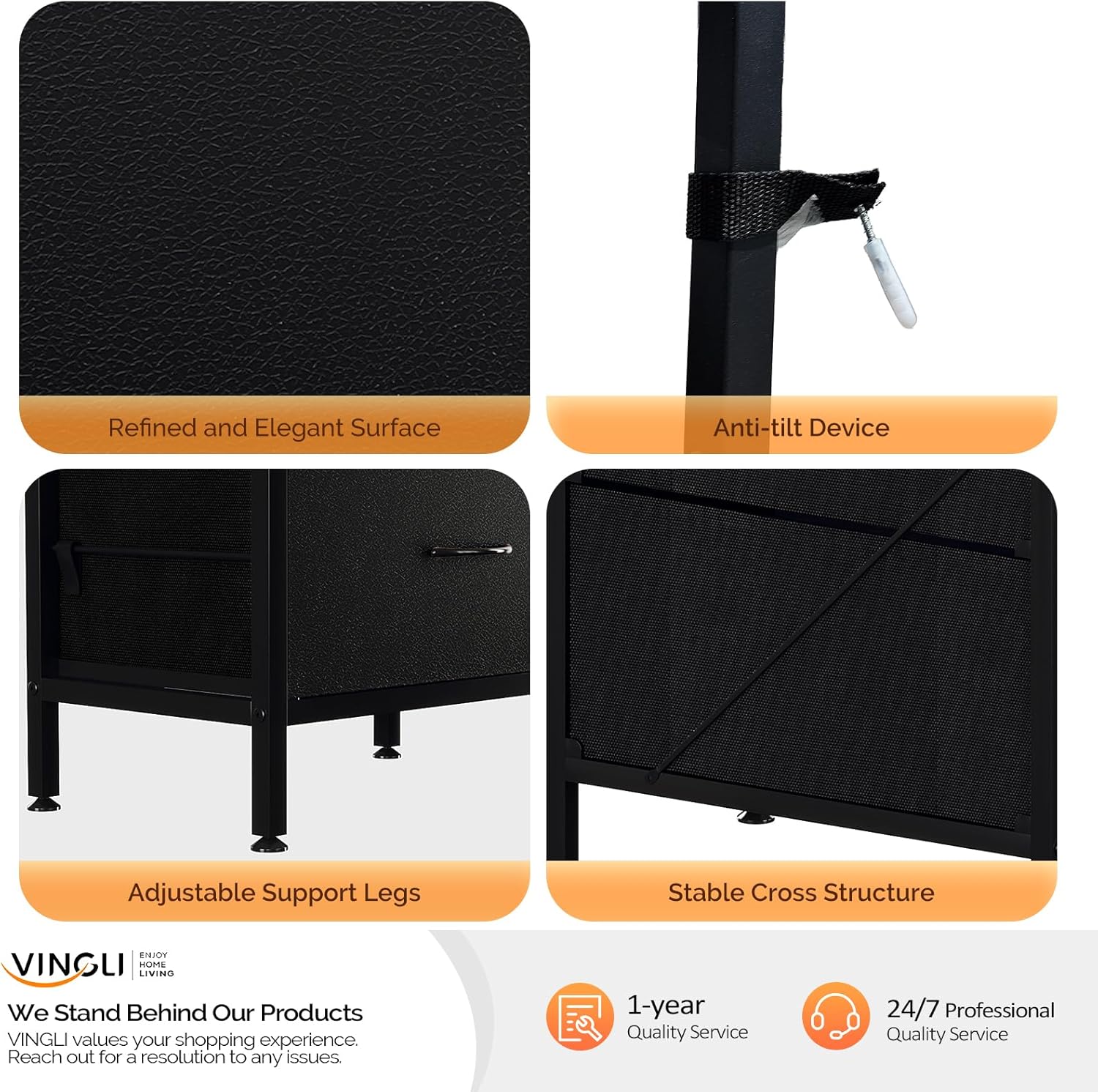 VINGLI Fireplace TV Stand Dresser with Fabric Drawer, Entertainment Center with LED Lights and Industrial TV Console Table with Open Storage Shelves for Living Room, Bedroom, Black - Image 9