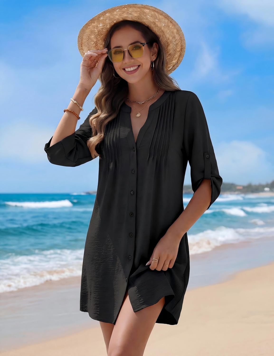 BMJL Women Beach Cover Ups V Neck Button Down Swimsuit Coverup Swimwear Bathing Suit Cover Up 2026 - Image 2