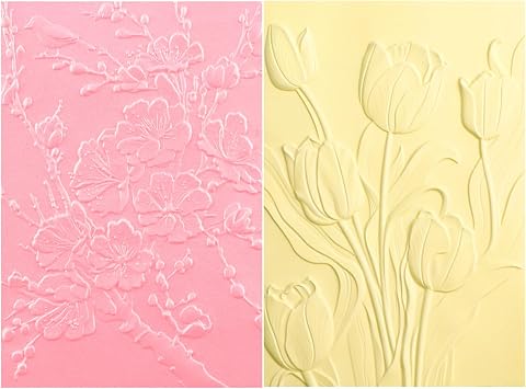 2 Pieces 3D Embossing Folder for Card Making Birds Cherry Plum Blossom and Tulip Floral Textures Impressions Background Plastic Embossing Folders Template for DIY Scrapbooking and Other Paper Crafts