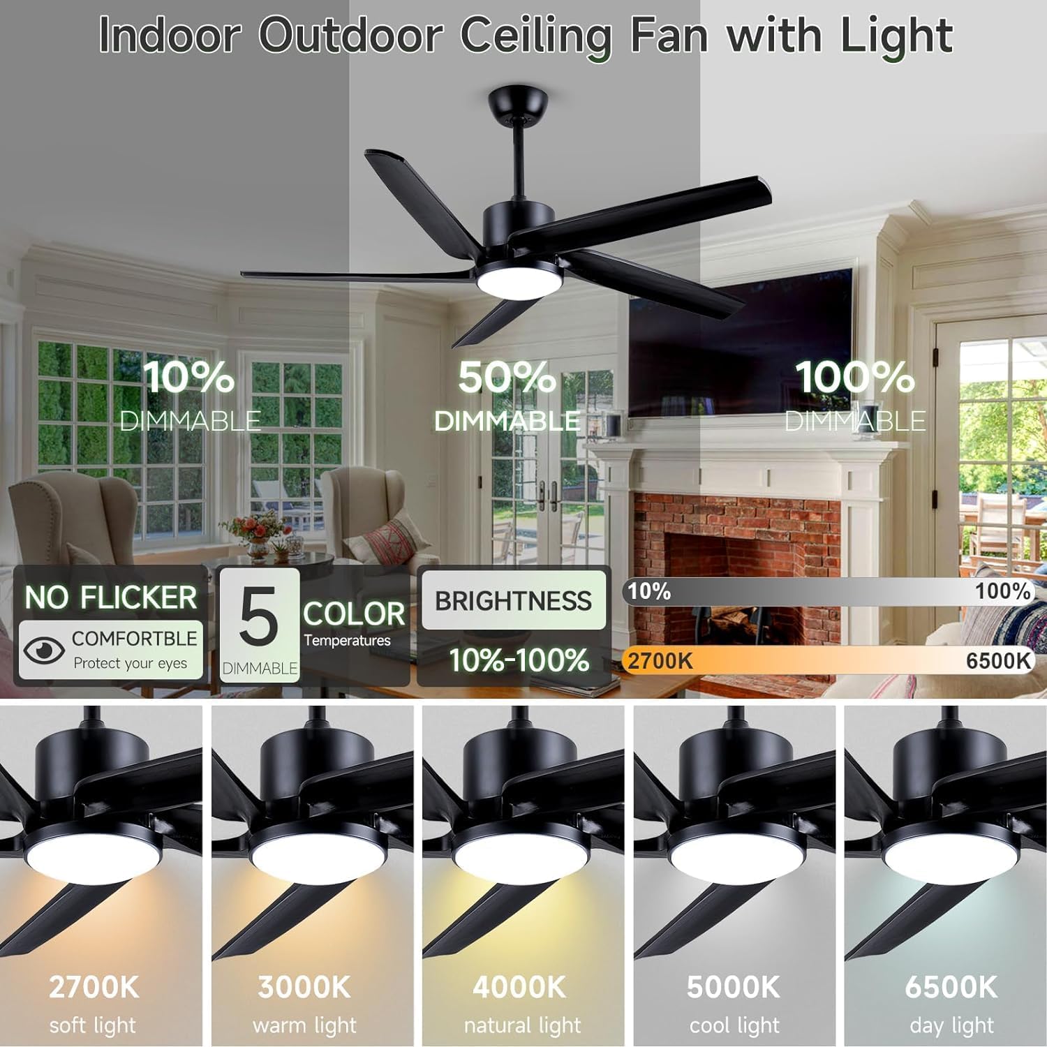 52 Inch Outdoor Ceiling Fans for Patios with Lights, Modern Black Ceiling Fan with Remote 5 Wood Blades Reversible DC Motor Ceiling Fan for Bedroom Living Room Gazebo Farmhouse