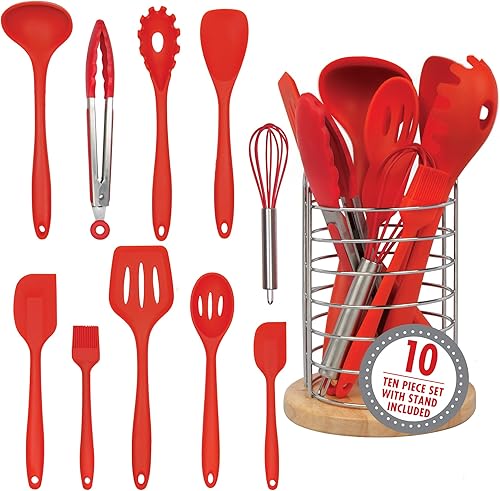 Utensilios de cocina de silicona con soporte de bambú, 10 piezas gourmet antiadherentes, resistentes al calor, juego de herramientas de cocina de