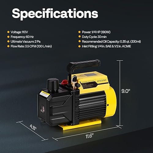 Miniatura 7 de SPECSTAR Bomba de vacío de aire HVAC de una sola etapa de 110V 14 HP 3.5 CFM para sistemas R12 R22 R134a R410a 11.2 fl oz aceite incluido