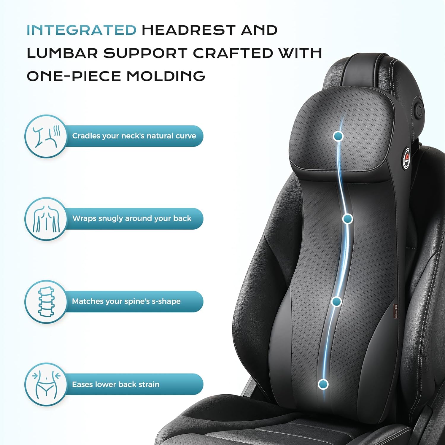 Coverado Car Seat Cushion and Lumbar Support Headrest Pillow One Piece, Ergonomic Memory Foam Car Neck Pillow & Back Support, Soft Leather Breathable Driving Seat Cushion Sciatica Pain Relief, Black
