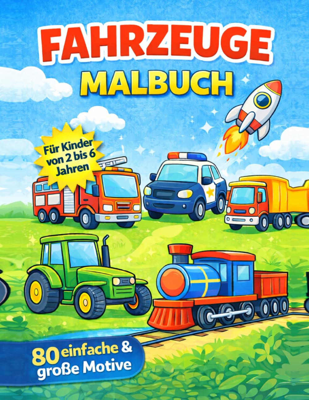 Malbuch Fahrzeuge: 80 große und einfache Motive zum Ausmalen – Autos, Bagger, Traktoren, Feuerwehr, Flugzeuge, Züge und viele weitere Fahrzeuge