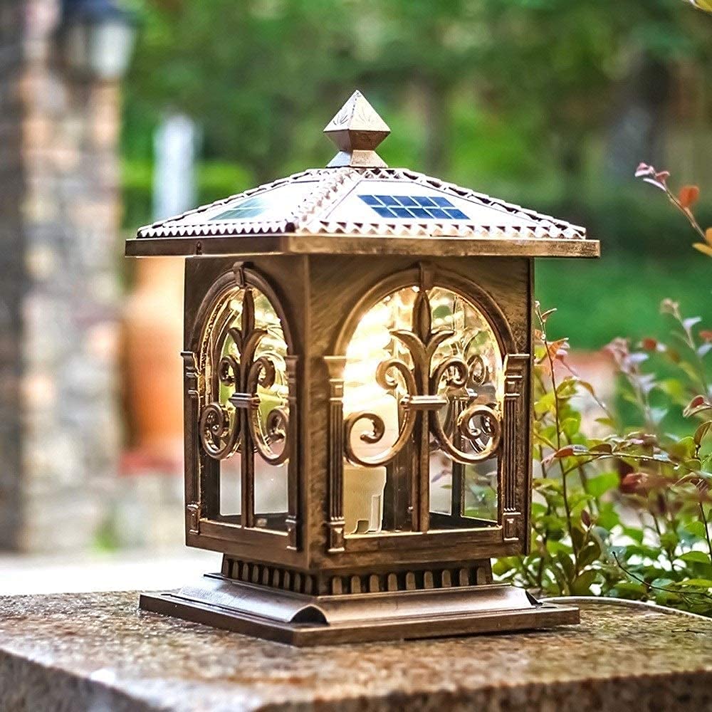 Wandleuchte Square Solar Säule Postlampe Solar Fernbedienung Spalte Scheinwerfer Außenzaun Lampe Led Tür Postlampe Villa Hof Lampe Fackel Boden Laterne Retro Aluminium/Bronze-2.