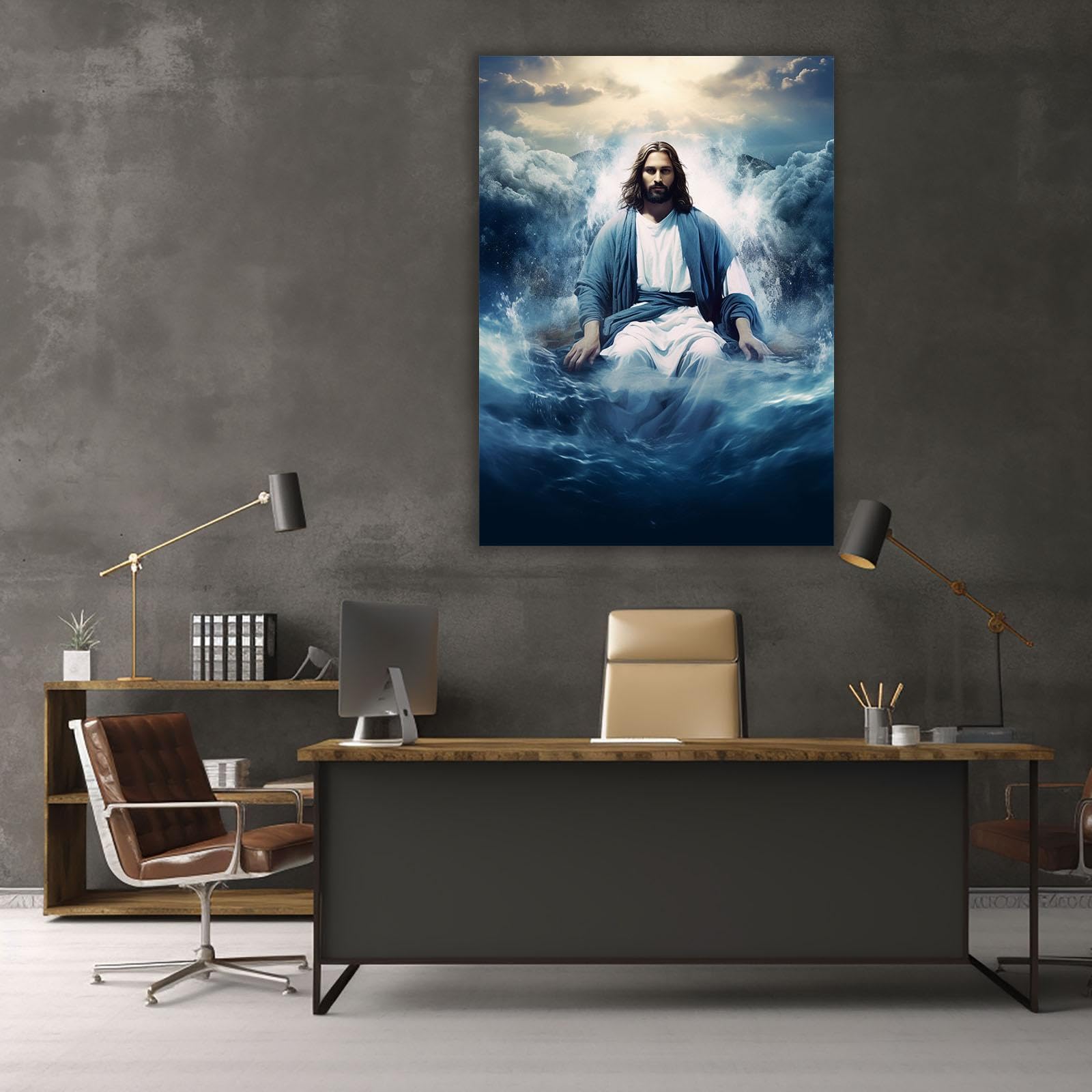 Tableau Toile Jésus Christ 80x120cm Encadré - Décoration Murale Religieuse Bleue