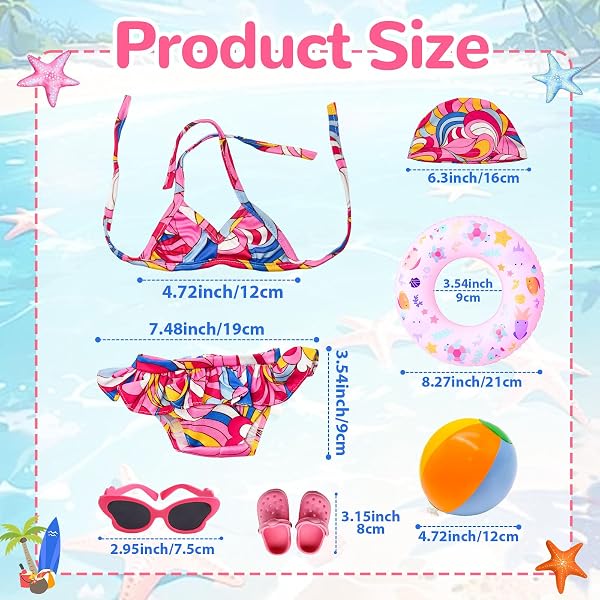 Atomvia Puppenkleidung Bikini Schwimmset für 35–45 cm Puppen, Sommer Puppen Outfit mit Schwimmring für Taille Strandball Sonnenbrille Hausschuhe Zubehör Geschenk für Mädchen - 3