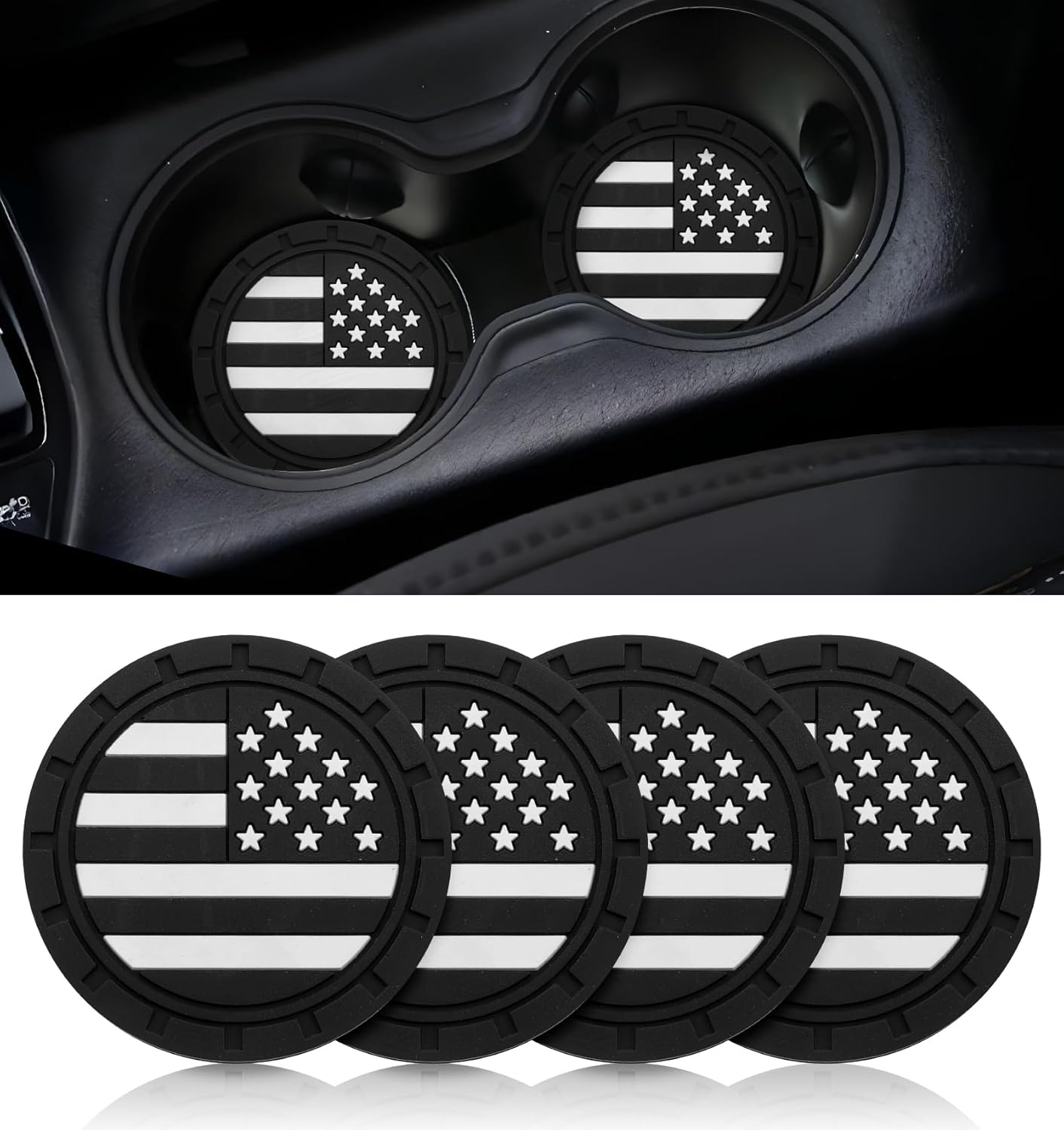 4Pcs Car Cup Holder Coasters, 2.75 Inch Absorbent Cup Holder Coasters for Car Cupholder Coaster Anti-Slip & Shockproof, American Flag Design Cars Accessories for Men Vehicle Interior Decor, Black