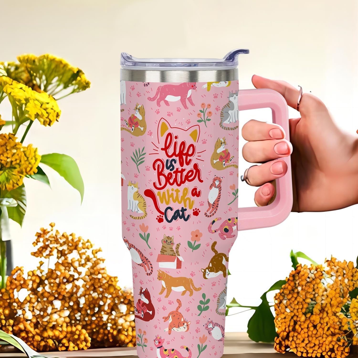 40 oz Cat Cup Tumbler with Handle Lid and Straw, Cat Themed Lover Gifts for Women, Cute Tumblers for Women, Pink - Image 8