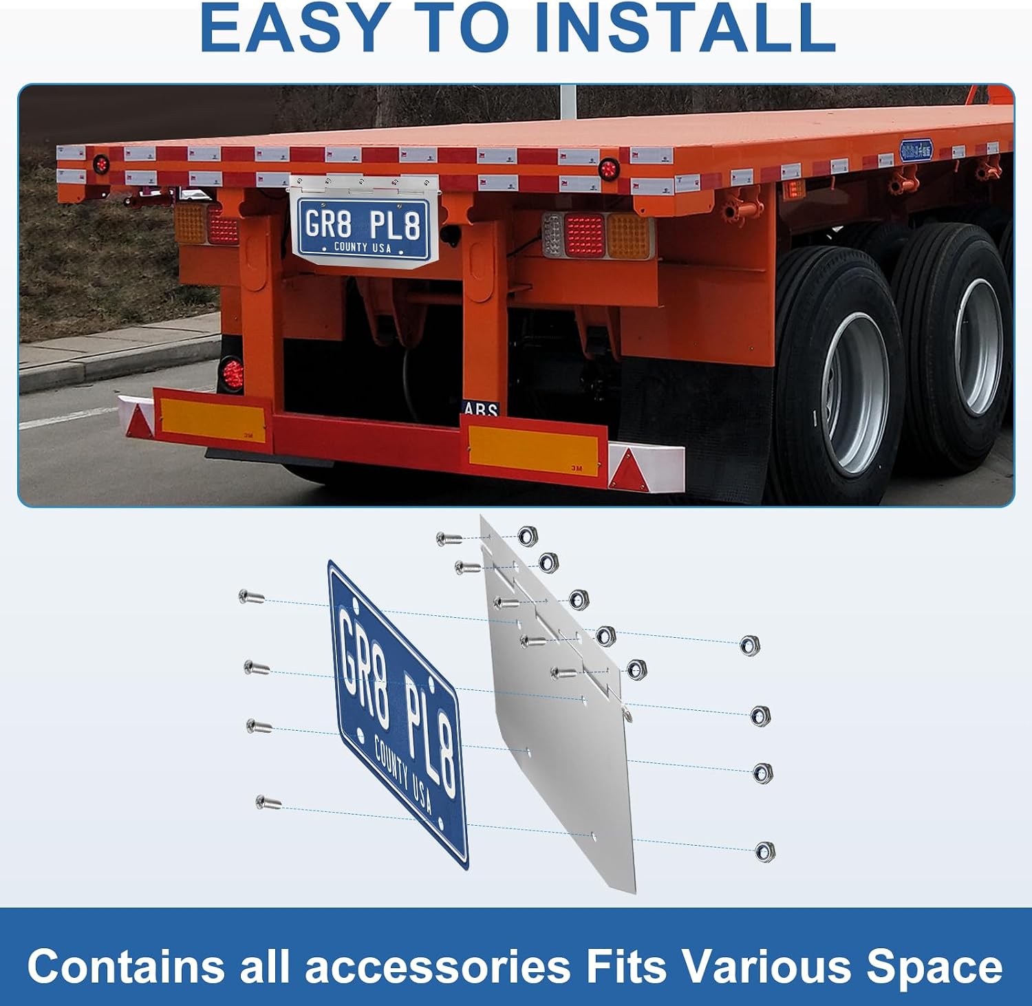 Hinged License Plate Bracket, 15x7 Angled Trailer Holder, Silver