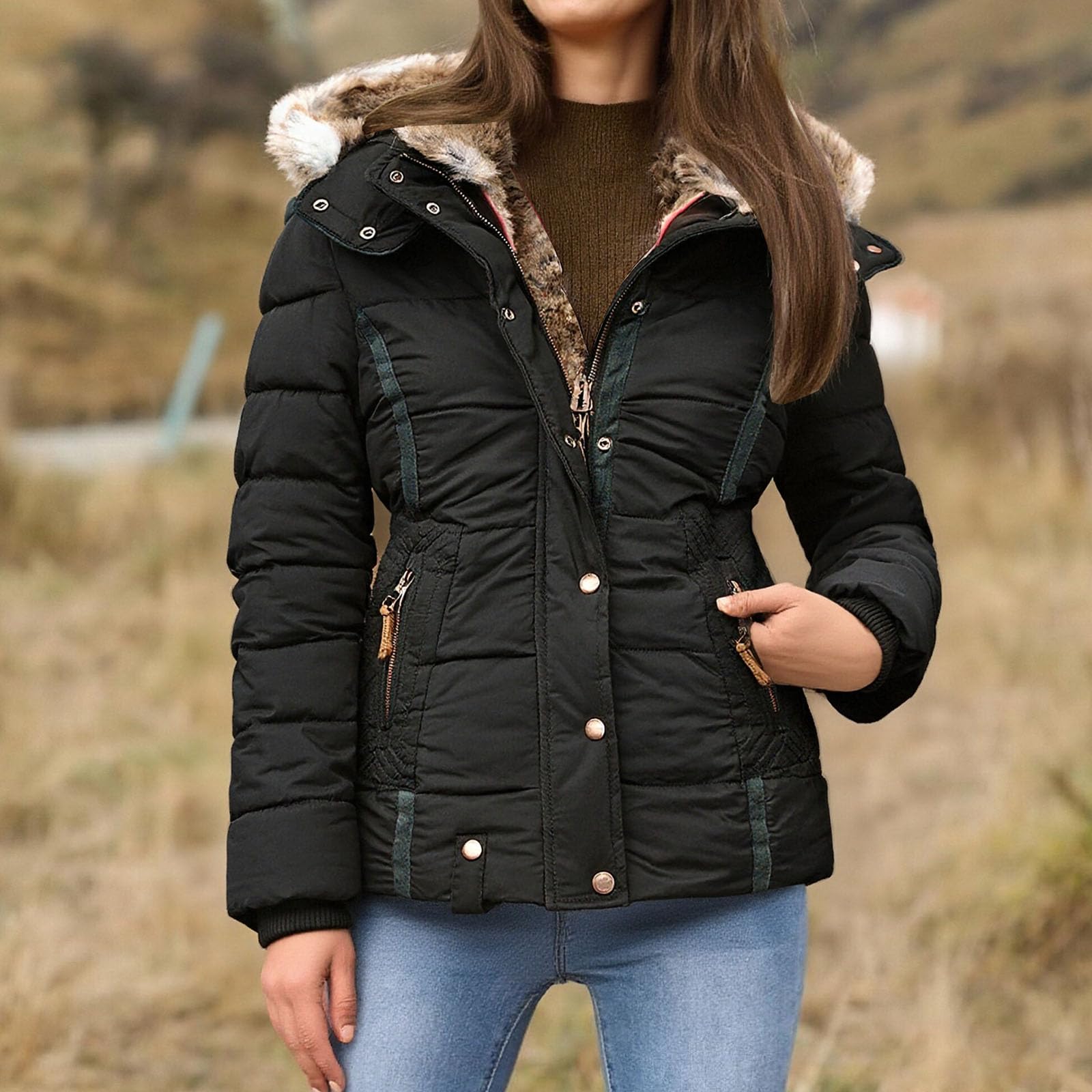Chaqueta acolchada cálida de invierno para mujer, abrigo de piel sintética con capucha, ligera, acolchada, ropa de abrigo, chaqueta gruesa y cálida