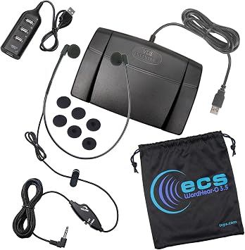 ECS 3.5mm Stereo and Mono Audio Transcription Headset with Infinity-3 USB Foot Pedal - with USB Hub and Ear Cushion