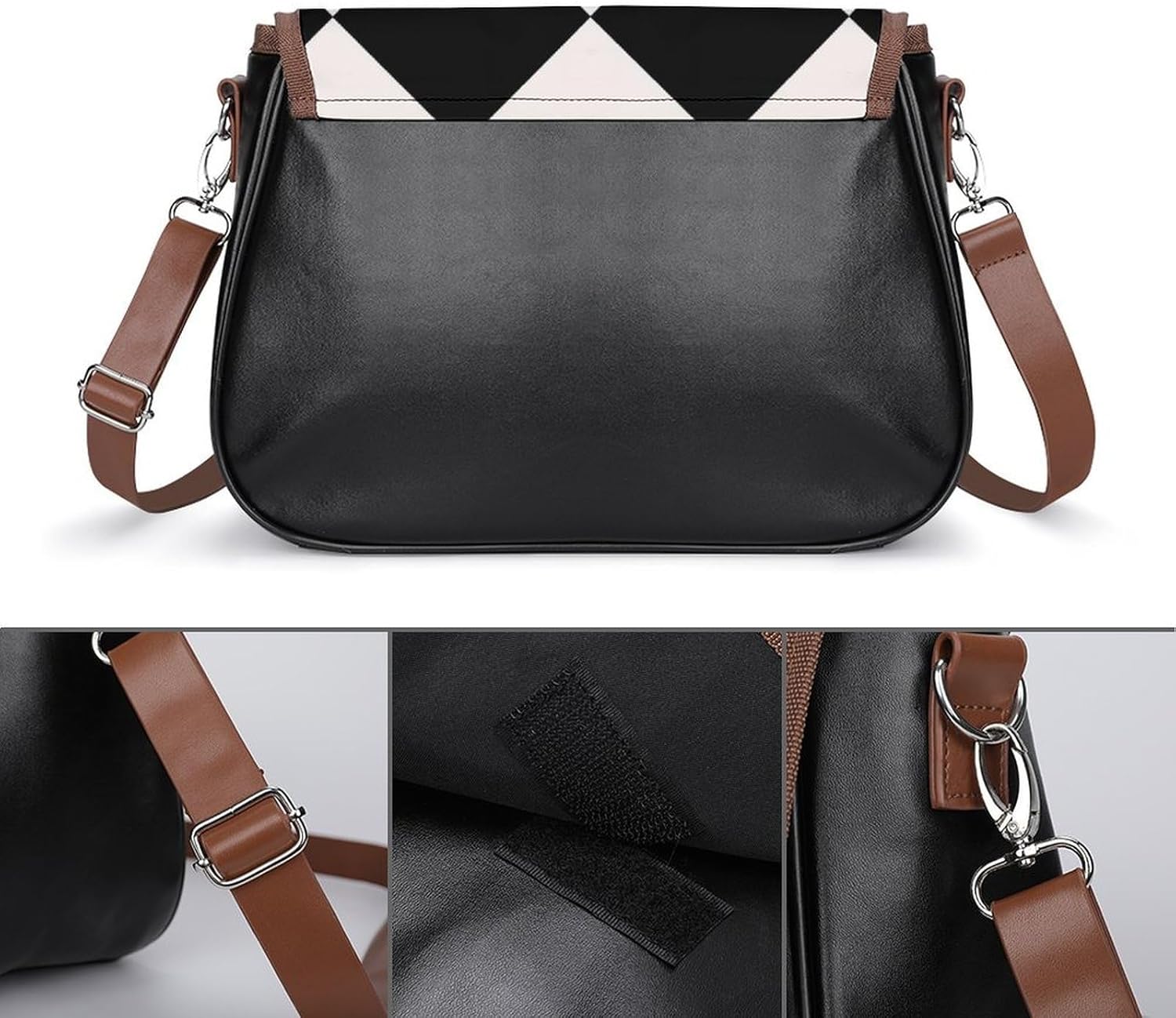 Black And White Diamond Harlequin Pattern HippieWomen's Faux Leather Crossbody Bag, Waterproof Wrinkle-Resistant Shoulder Bag with Detachable Strap, Large Capacity Casual Handbag, Fashion Daily Purse