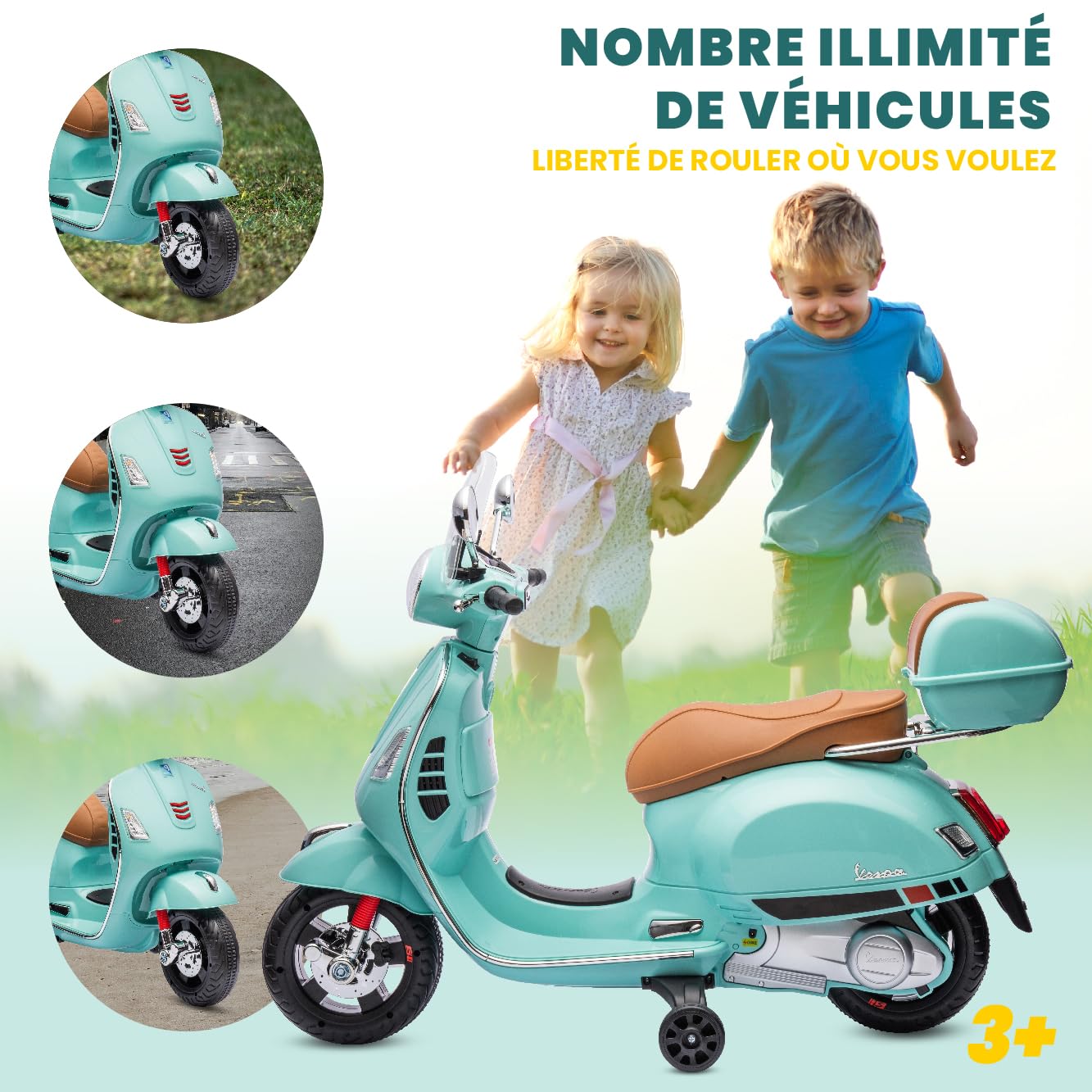 Vespa Scooter Moto électrique pour Enfants avec Roues et siège en Plastique, Coffre, Lecteur MP3, Prise AUX MicroSD USD (Turquoise)