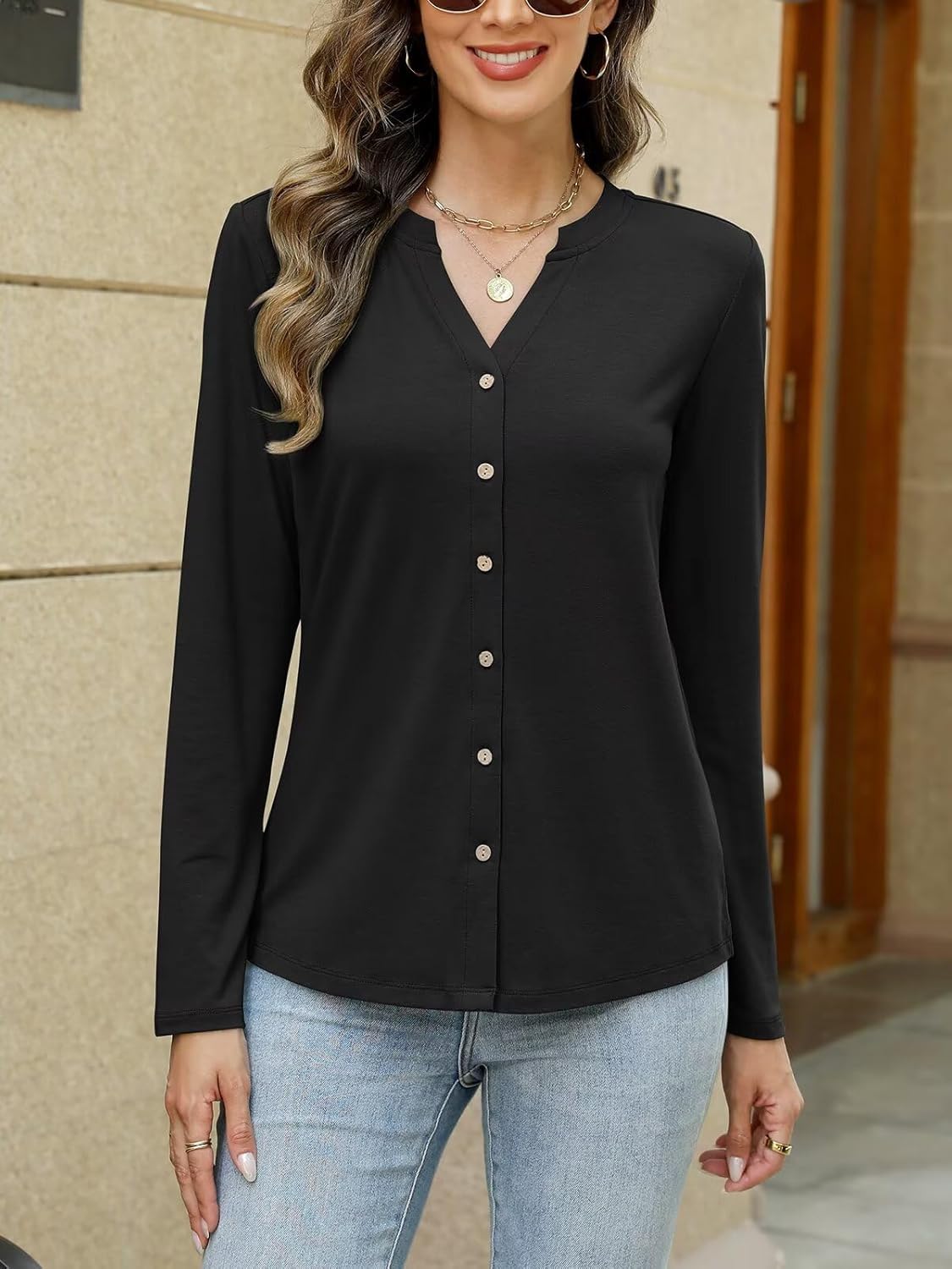 ORANDESIGNE Women’s Button Down Shirts Long Sleeve Tops Fall Tunics Ladies Button Up V Neck Tees - Image 4