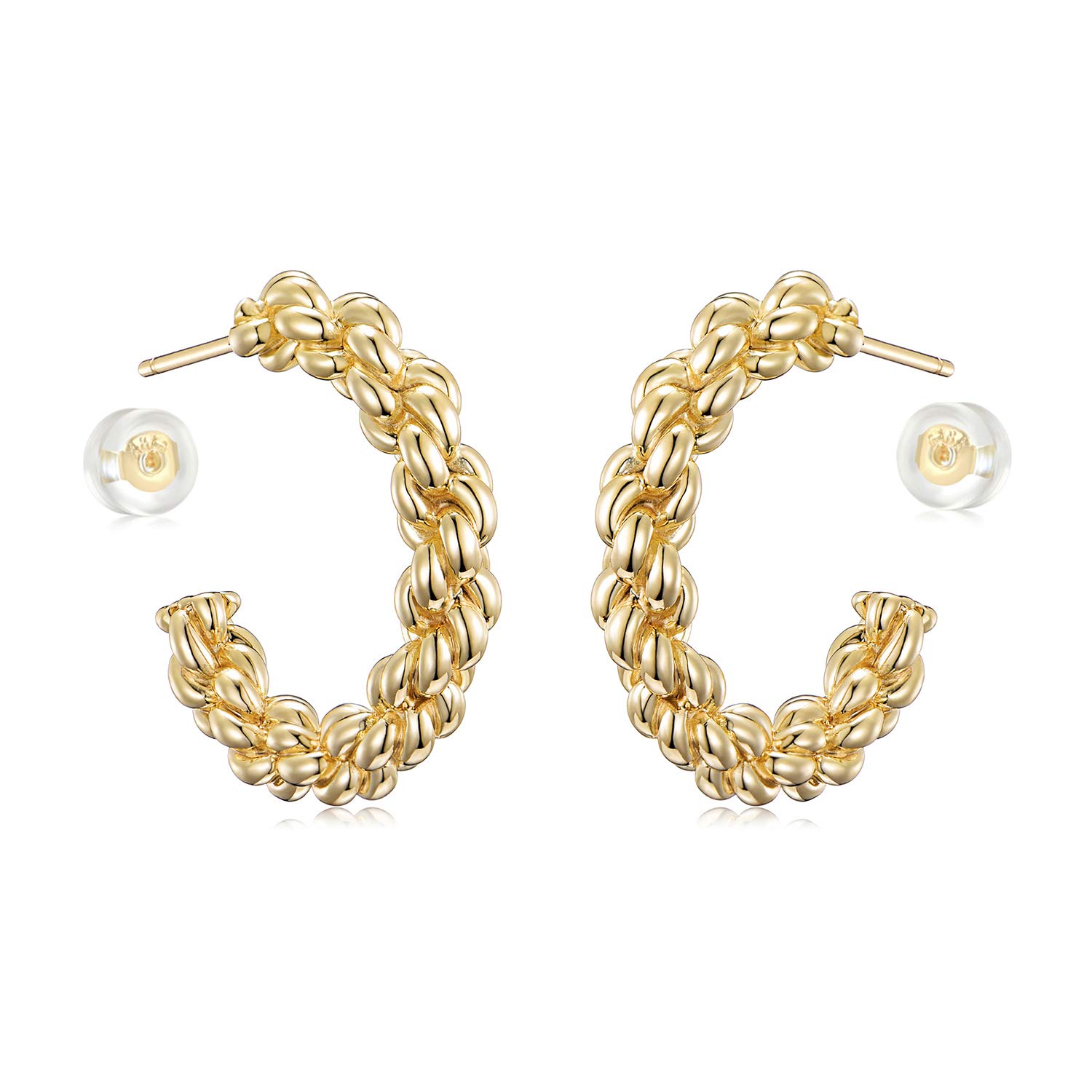 MYEARSWomen Hoop Earrings Gold Chubby Multiple Link Stud Bead Station Open C Shape Sterling Silver Post Push Back 14K Gold Filled Small Simple Handmade Hypoallergenic Everyday Illusion Jewelry