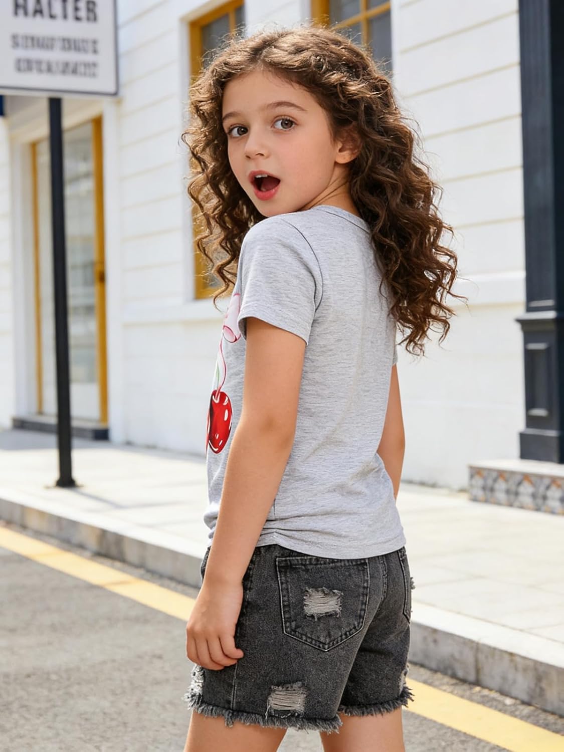 Girls Clothes 2 Piece Cherry Print Short Sleeve Top & Ripped Jeans Set Girls Summer Outfits for 6-12 Years
