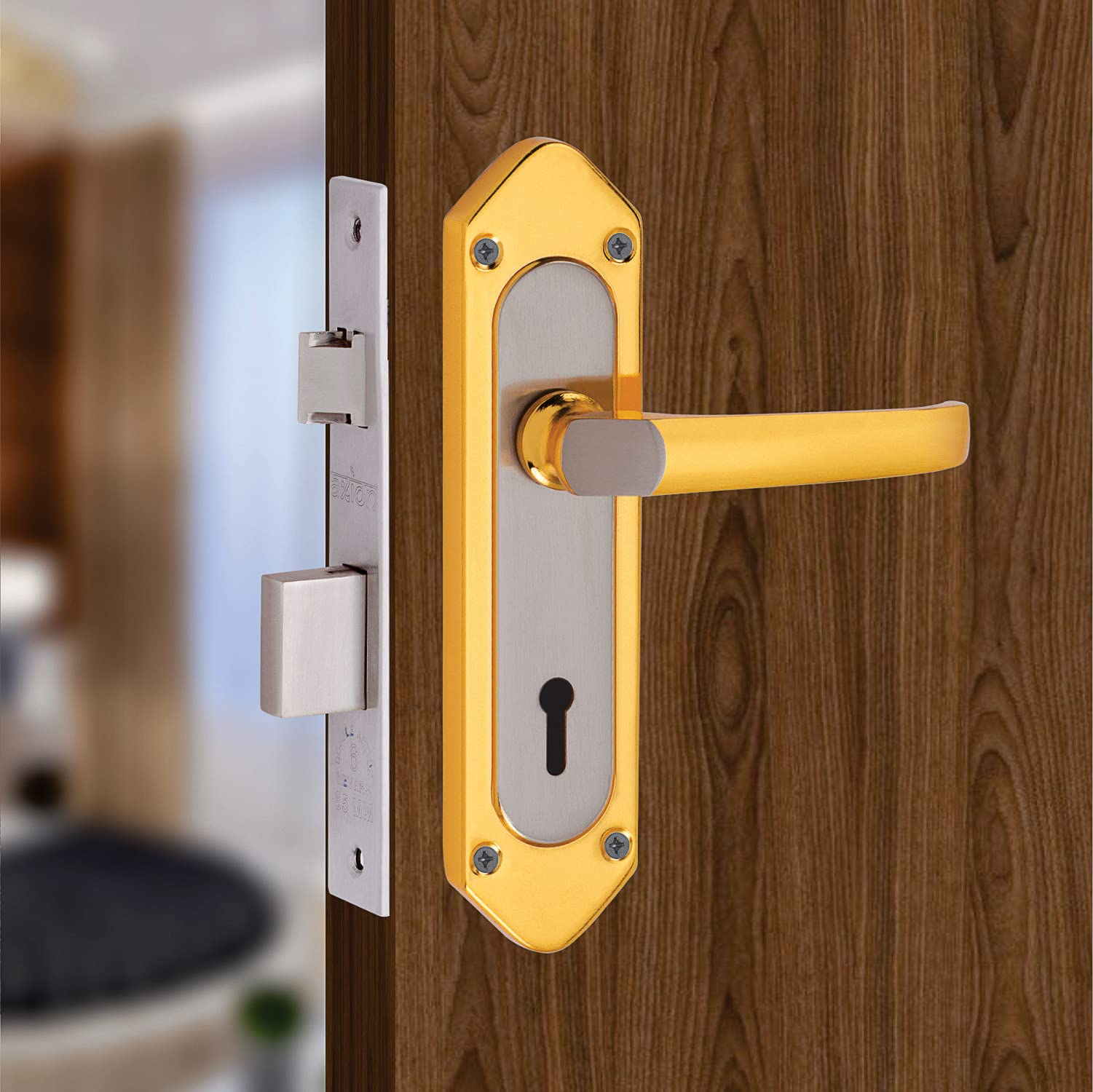 Axion 7 inches Mortice Door Handle Lock Set A106 KY Silver Gold Finish with 65mm Double Action Door Lock 6 Lever with 3 Keys/Mortise Lock/Door Locks/Door Handlesets