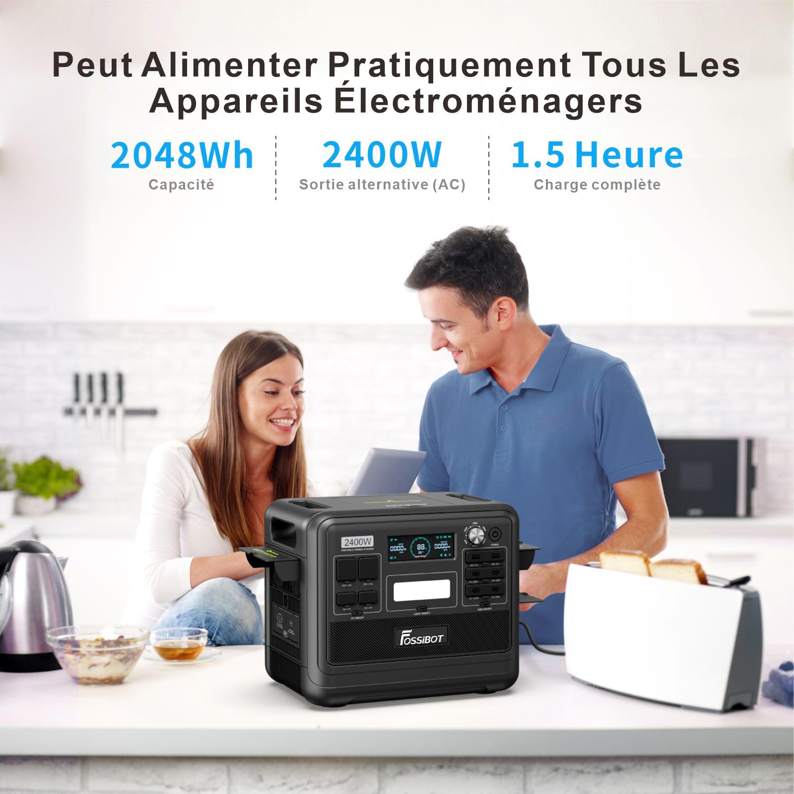 FOSSiBOT F2400 Générateur Solaire 2048Wh LiFePO4 Generateur Electrique Portable UPS, 3 Sortie CA 2400W (4800W Max)