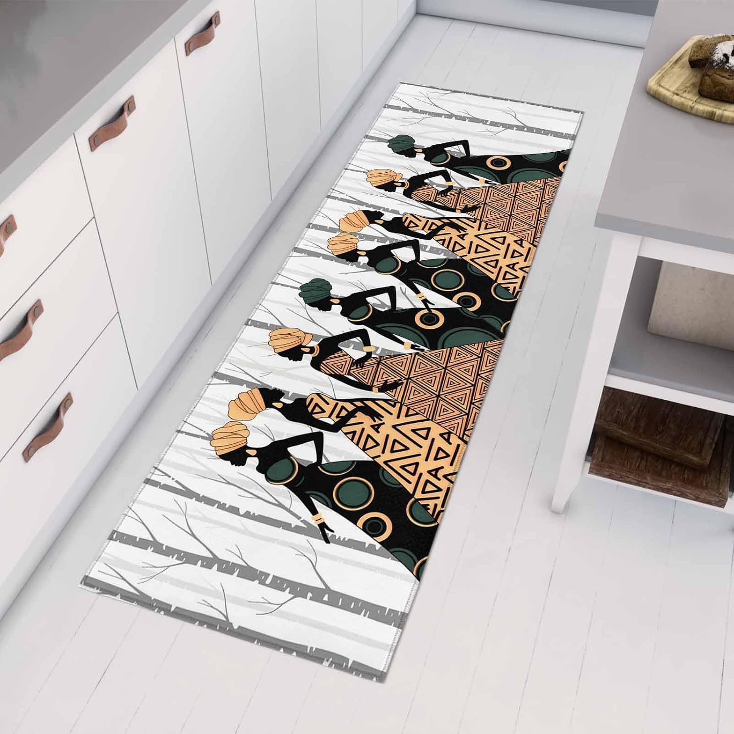 Teamery Kitchen Mats for Floor Black African Women Washable Non Slip Kitchen Rugs 1PCS, Boho Ethnic Style Forest Tree Absorbent Standing Mats for Sink Bathroom Office Living Room 23.6x70.9in